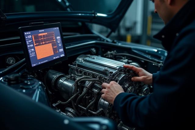 Norsk ingeniør som utfører diagnostikk på en motor med høyteknologisk utstyr.